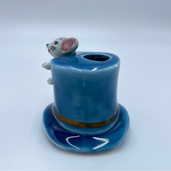Vintage 70s W. N. CO. Ceramics Gray Mouse Blue Top Hat Toothpick Holder Japan - Picture 2 of 14